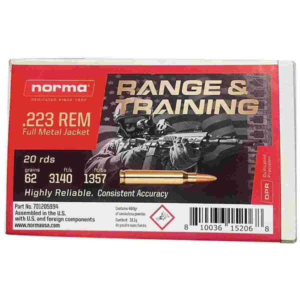 Norma Range & Training Rifle Ammunition .223 Rem 62gr FMJ 3140 fps 20/ct