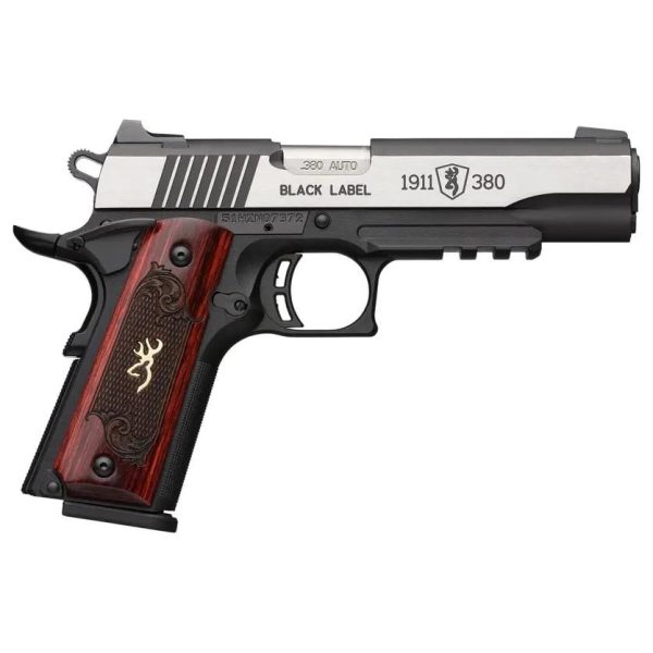 Browning 1911 380 Black Label Medallion Pro Handgun 380 ACP 8rd Magazine 3.625" Barrel Black with Silver Slide and Wood Grip 3-Dot Sights Accessory Rail